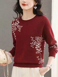 Elegant Lace Round Neck Jacquard Sweater Autumn And Winter Fashion Warm Long Sleeve Contrast Color Casual Comfortable Versatile Pullover Sweater - Màu Đỏ Sâu - Xem 4