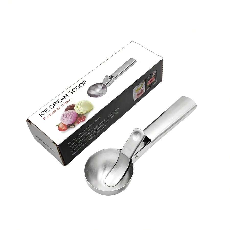 1pc Stainless Steel Ice Cream Scoop, Perfect For Frozen Yogurt, Multi-Functional Ice Cream Scoop, Stainless Steel Double Use Scoop, Non-Stick Ice Cream Scoop With Comfortable Anti-Frost Handle, Heavy Duty Metal Ice Cream Scoop With Trigger, Sturdy Stuffing Scoop, Home Ice Cream Tools Scoop, Easy To Clean, Suitable For Ice Cream, Cookie Dough, Sorbet, Almond, Ideal For Kitchen, Dessert Shop And Western Restaurant. Back To School - Silver - View 1