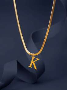 1pc European & American Fashion 26 Letter Pendant Blade Chain Necklace, 18K Gold Plated Stainless Steel, Non-Fading, Suitable For Women Everyday & Holiday Wear