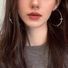 1 Đôi bông tai vòng thánh giá thời trang dành cho nữ, thích hợp để đeo hàng ngày - Bạc - Xem 1