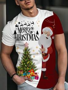 男士 3D 印花圣诞老人和圣诞快乐图案 T 恤 - 假日休闲圆领短袖，可水洗面料，白色和红色撞色街头风上衣 - 白色 - 查看 2
