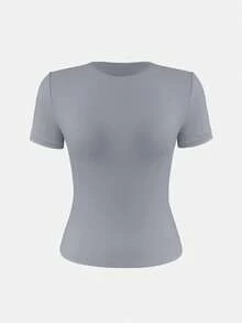 XLLAIS Tricou de vară cu mânecă scurtă și guler rotund mic 2025, tricou sport casual pentru femei, stil casual, stil solid, stil Skinny
