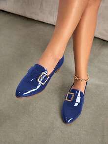 Nuevos zapatos de mujer de moda, zapatos planos casuales de suela blanda, zapatos pequeños, cómodos y no cansados ​​al caminar, decoración dorada en la parte superior, sencillos y elegantes mocasines - Azul Marino - Ver 3