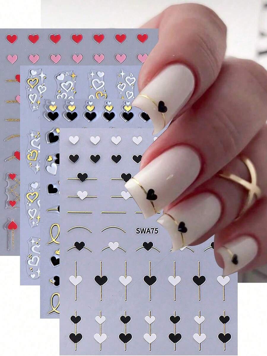 4pcs Black & White Hollow Heart Shaped French Line Design DIY Valentine's Day Romantic Holographic Self-Adhesive Gel Polish Nail Art Decals