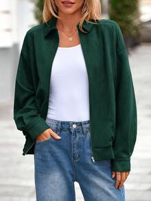 Women's Faux Suede Motorcycle Jacket  Fall Fashion Oversized Zip Up Coats Winter Clothes Outerwear - 深綠色 - 查看 1