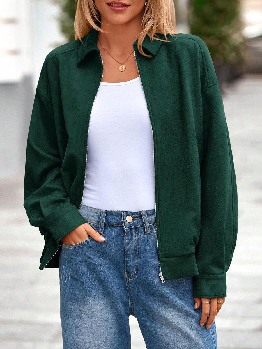 Women's Faux Suede Motorcycle Jacket  Fall Fashion Oversized Zip Up Coats Winter Clothes Outerwear - 深綠色 - 查看 1