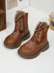 1 双婴儿/幼儿/儿童刺绣西式舒适轻便平底靴，适合日常穿着和户外，秋冬季 - 棕色 - 查看 2