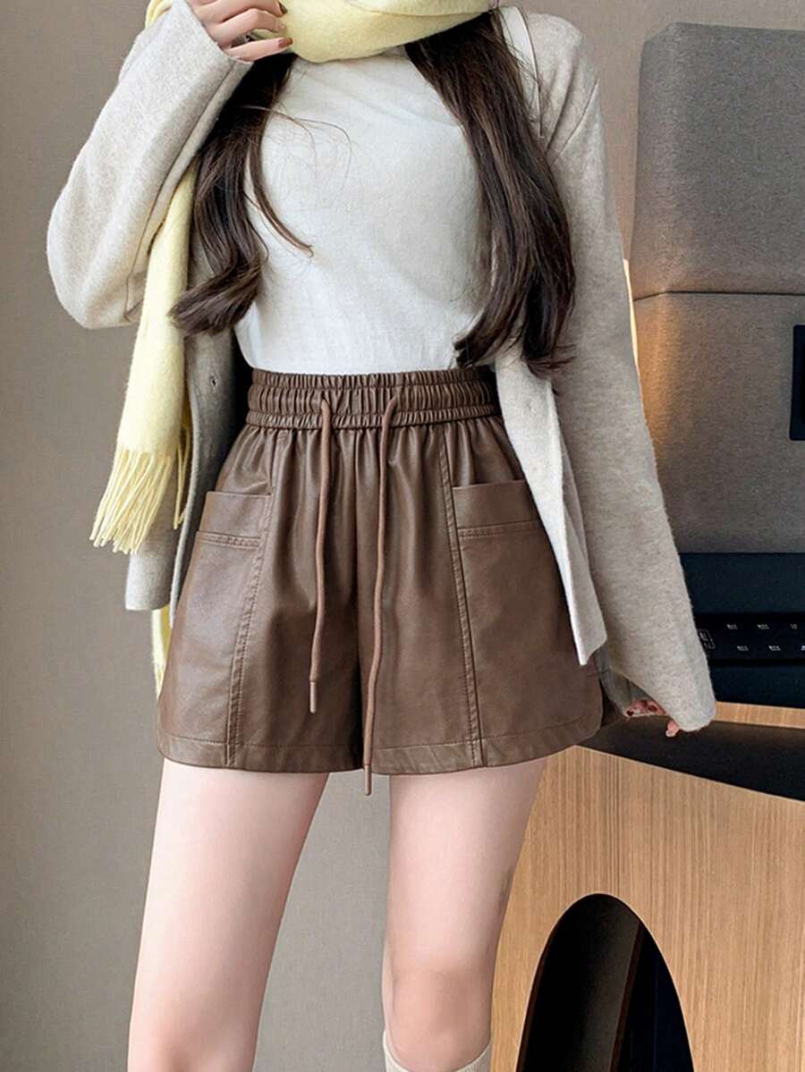 Quần short da PU dành cho nữ, phiên bản mùa đông mới, cạp chun, dáng rộng, cạp cao, quần ống rộng, quần legging - Màu nâu - Xem 1