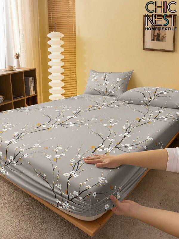 1Pc Gray Plum Blossom Flower Pattern Fitted Sheet, Tree Branches Mattress Protector, Valentine's Day Mattress Cover For Bed, Bed Sheet, Soft And Breathable, For All Size Bed -Twin, Full, King, Queen Size Sheet Deep Pocket Bed Sheets Home Textile Back School Bedding Domitory Bedding Set