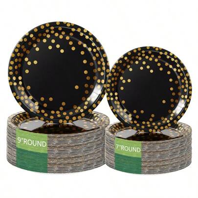 10/20/50 件 9 英寸/7 英寸黑金点纸盘 - 适用于派对、婚礼和精致餐饮的优质一次性餐具（无漂白纸浆）