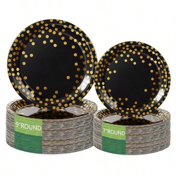 10/20/50 pezzi Piatti di carta neri con puntini dorati da 9"/7" - Stoviglie monouso premium per feste, matrimoni e alta cucina (polpa sbiancata senza cloro)