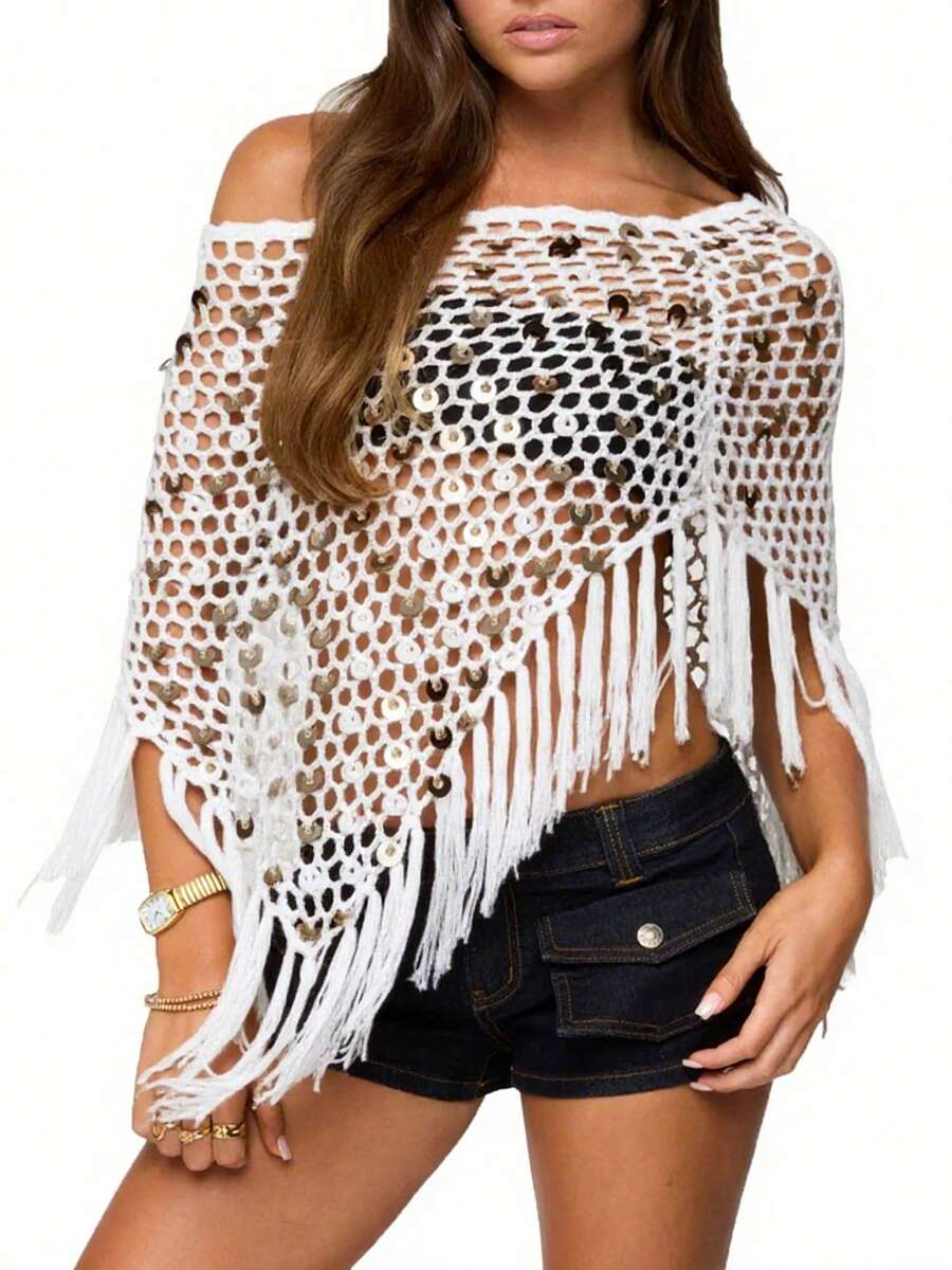 Women Sheer Poncho Top Lightweight Knit Crochet Shrug Bolero Mesh Batwing Sleeve Sweater Cover Up Beachwear