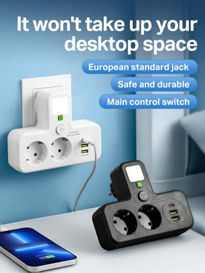 Wall-Mounted/Flat Plug Power Socket European Specification Hole Single Control Switch 2AC 3Usb(1Type-C) 110V-250V,10A/2500W Max, Black/White Suitable For Home, Bedroom, Office, Living Room, Etc
