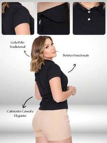 Polo Neck Blouse With Short Sleeves And Functional Buttons For Women - Black and White - View 10