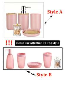 5 件粉色浴室配件套装 - 带牙刷架、乳液皂液器、皂盒、牙刷杯、棉签罐、浴室装饰套装配件，完整夏季返校收纳 - 粉色 - 查看 2