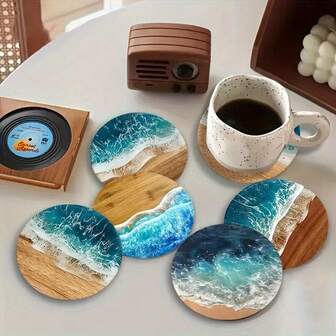 6pcs/Set Ocean & Beach Themed Coasters, Heat Resistant & Insulated, Suitable For Cafe, Office, Kitchen, Restaurant, Ideal For Birthday, Christmas Gifts, Thanksgiving, 300 Sets/1800pcs