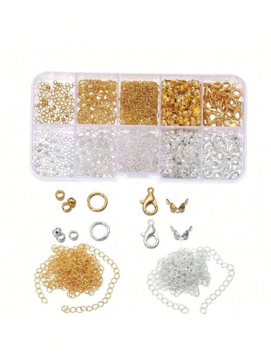 500 件珠宝制作套件，DIY 耳环项链配件套装，DIY 手链配件，DIY 手工用品，各种基本金属戒指、珠子、扣环、龙虾扣，无需电源