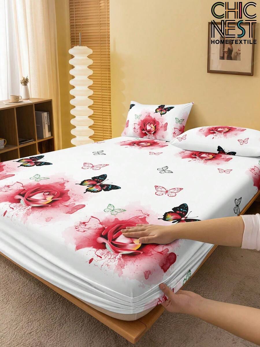 1 件灰色蝴蝶花朵图案床笠、树枝床垫保护套、情人节床垫罩、床单，柔软透气，适合所有尺寸的床 - 单人床、双人床、特大床、大号床单、深口袋床单家纺