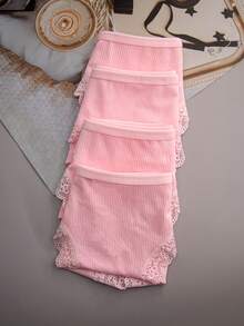 4条装女士粉色字母条纹内裤，蕾丝花边设计，透气面料，高弹力，舒适吸汗 - 粉色 - 查看 5