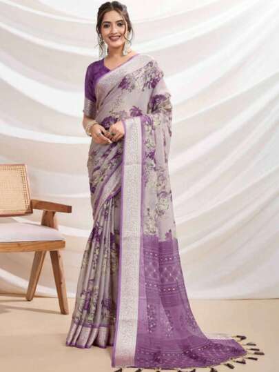 Estationeryhouse Chiffon Saree With Zari Border, Floral Print, Long Sleeve Stitched Blouse