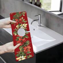1pc/90pcs Winter, Poinsettia Flowers Printed Faucet, Water-Absorbing Drying Mat, Retro Coffee Water-Absorbing Quick-Drying Mat, Rubber-Based Toilet And Kitchen Countertop Faucet Water-Absorbing Drying Mat, Suitable For Faucets Used In Offices, Commercial Farms And Homes, Decorative Store Kitchen Decorations