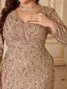 UNITHORSE Women Plus Size Formal & Evening Elegant V-Neck Sequin Long Sleeve Pleated Front Waist Fitted Sparkly Long Dress, Bride Dress, Birthday Women Outfits, Graduation Dress, Fall Women Clothes - 香檳色 - 查看 5