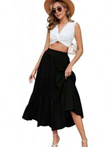 HUSKARY Women's Summer Casual Elegant Smock Layered Tiered Maxi Skirt High Waisted A Line Flowy Long Skirts With Pockets