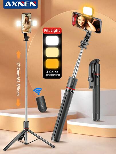AXNEN 67" Bluetooth Selfie Stick Tripod With Detachable Remote, Extendable Phone Tripod And 3-In-1 Portable Stand, For Live Streaming And Photography, Compatible With IPhone 16/15/14 Pro Max/14 Pro/14/14 Plus/13 Pro Max/13 Pro, Galaxy S22