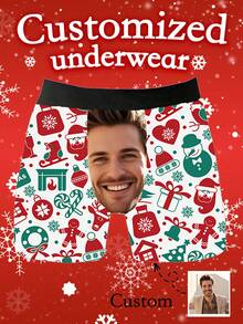Calzoncillos bóxer blancos para hombre con estampado personalizado de cara, estampado de muñeco de nieve y hombre de jengibre de dibujos animados navideños, ropa interior personalizada con foto, regalo de Navidad para novio/esposo - Blanco - Ver 1