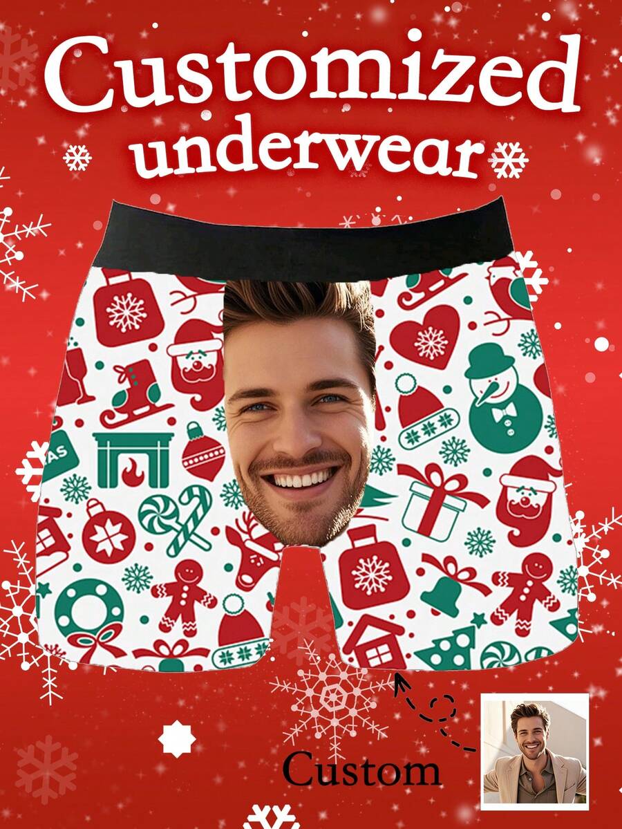 Calzoncillos bóxer blancos para hombre con estampado personalizado de cara, estampado de muñeco de nieve y hombre de jengibre de dibujos animados navideños, ropa interior personalizada con foto, regalo de Navidad para novio/esposo - Blanco - Ver 1