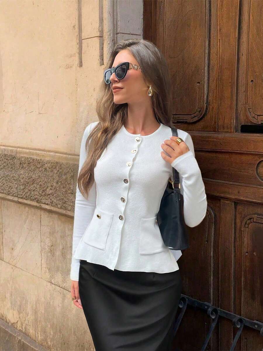 FOR BEAUTY Women's New Knit Cardigan, Suitable For Spring, Autumn And Winter, Casual Minimalist Style, Round Neck Long Sleeve With Metal Buttons, Fashionable And Elegant For Commuting, Solid White Open Cardigan - White - View 1