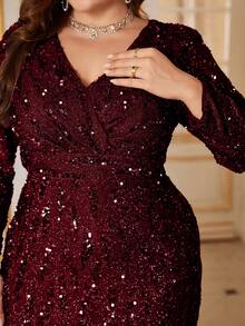 UNITHORSE UNITHORSE Damen Große Größen Formell & Abend Elegantes V-Ausschnitt Pailletten Langarm Vorderseite gefaltet Taille anliegendes glitzerndes langes Kleid, Brautkleid, Geburtstagsoutfit für Frauen, Abschlussballkleid, Herbstbekleidung für Frauen