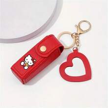 Sanrio 1pc Hello Kitty Portable Lipstick Storage Bag, Lovely Mirror Lipstick Protective Leather Case, Cute Simple Pendant Keychain, Mini Coin Purse, Lip Makeup Bag, Best Gift For Girlfriend (Stickers Are Random)
