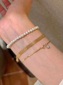 2pcs/Set Titanium Steel Non-Fading Braided Gold Color Strap Bracelet, Vintage Chic Luxury Accessories For Women - Multicolor - View 2