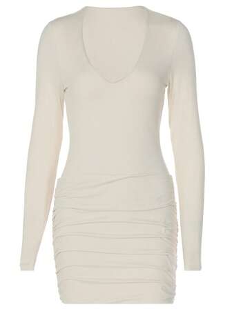 Vestido casual de mujer VIBECORE de cuello en V, mangas largas, liso, ceñido, con pliegues, para otoño e invierno, para uso diario, fiestas y vacaciones