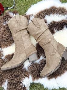 Knöchelhohe Stiefel für Damen, einfarbig, im Westernstil, mit plissiertem Stoffbesatz, geeignet für Feiertage, Herbst/Winter