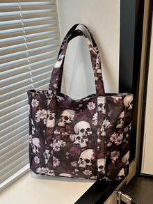 复古休闲骷髅图案涤纶手提包小号单肩包适合女性购物街万圣节礼物旅行和日常使用 - 紅色 - 查看 1