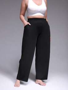 Women's Plus Size Casual Soft Jogger Pants, Loose Wide Leg Trousers For Running, Fitness, Yoga, Fashion Daily Outdoor, Elastic Waist With Pockets, Autumn/Winter - Black - View 3