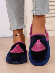 女士手工缝制流苏装饰奢华天鹅绒毛绒保暖卧室拖鞋，防滑 TPR 鞋底，包头优雅女士拖鞋，秋冬舒适鞋 - 藏蓝色 - 查看 3