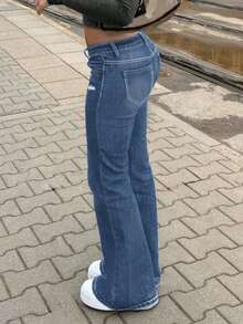 Elegant Casual European & American Style Women's Slim Fit Flare Leg Jeans - Dark Wash - View 4