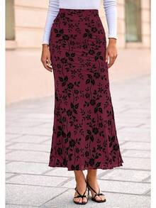 Womens Floral Mesh Maxi Skirt Elastic High Waisted Boho Elegant 2025 Summer Fall Long Skirts Women - 酒紅色 - 查看 8