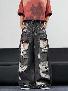 1pc Vintage Distressed Ripped Infinite Jeans, Loose Fit Flare Leg Washed Denim Pants (Excluding Belt And Accessories) - Black - View 8
