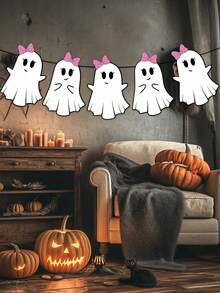 8件套万圣节女幽灵蝴蝶结粉色旗帜拉绳，可爱女幽灵和粉色蝴蝶结万圣节元素图案设计，适合万圣节派对装饰、万圣节派对背景装饰、万圣节礼物、不给糖就捣蛋、万圣节氛围装饰 - 彩色 - 查看 1