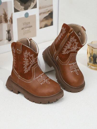 1 par de botas planas cómodas y ligeras con bordados, estilo occidental, para bebé/niño pequeño/niños, adecuadas para uso diario y exterior, otoño/invierno