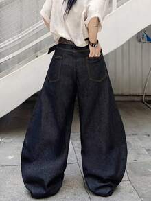 1 buah Celana Jeans Pria Model Vintage Patchwork Kaki Lebar, Celana Denim Kasual Longgar Serbaguna (Sabuk dan Aksesoris Tidak Termasuk) - Hitam - View 9