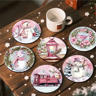 1set/4pcs/6pcs Christmas Snowman And Holly Berry Patterned Diatom Mud Coasters, Coffee Coasters, Multi-Occasion Decoration For Home And Restaurant, Daily Gifts, Table Decoration, Daily Decoration, Theme Party Decoration, As Christmas Gifts