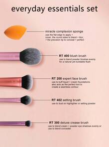 Real Techniques 5件套日常必备化妆刷套装，包含4支化妆刷和1个化妆海绵，适用于粉底、腮红、修容、轮廓、眼影和散粉，旅行礼品套装，化妆刷套装，化妆刷套装，化妆刷套装，全套化妆刷，化妆刷套装，全套化妆工具，化妆刷套装，化妆刷套装，化妆礼盒套装 - 粉色 - 查看 3