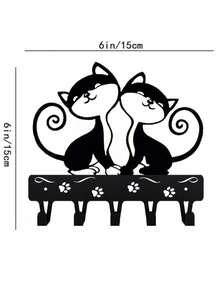 1 pieza Estante de almacenamiento con diseño de dos gatos negros lindos, con ganchos de pared, llavero, gancho decorativo de gato, gancho de hierro para colgar en la pared, adecuado para la decoración del hogar moderno
