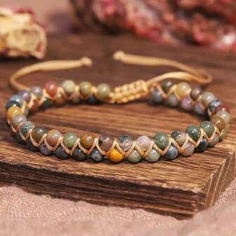 Pulsera de mujer con piedras naturales de ágata con flores, pulseras apiladas de doble trenza con cuentas, pulseras de rayas arcoíris y marrón, unisex, regalo de cumpleaños para mamá, abuela, tía, suegra, joyería única para damas