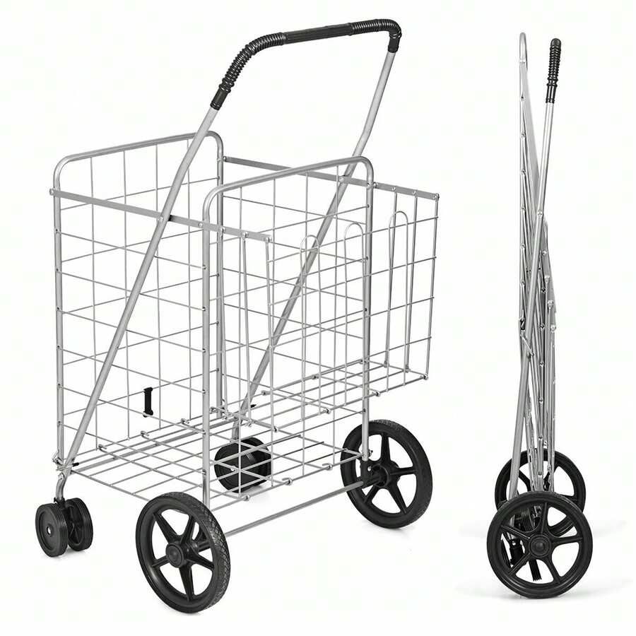 Lifezeal Folding Shopping Cart Jumbo Basket Grocery Laundry Travel W/ Swivel Wheels - 銀色 - 查看 1